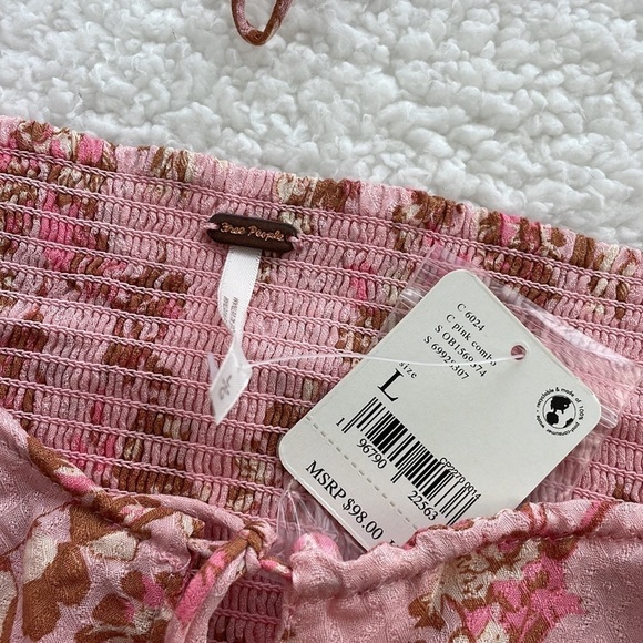 NWT - Free People Boho Hilary Pink Floral Smocked Cropped Top with Tie, Size L - Picture 4 of 9